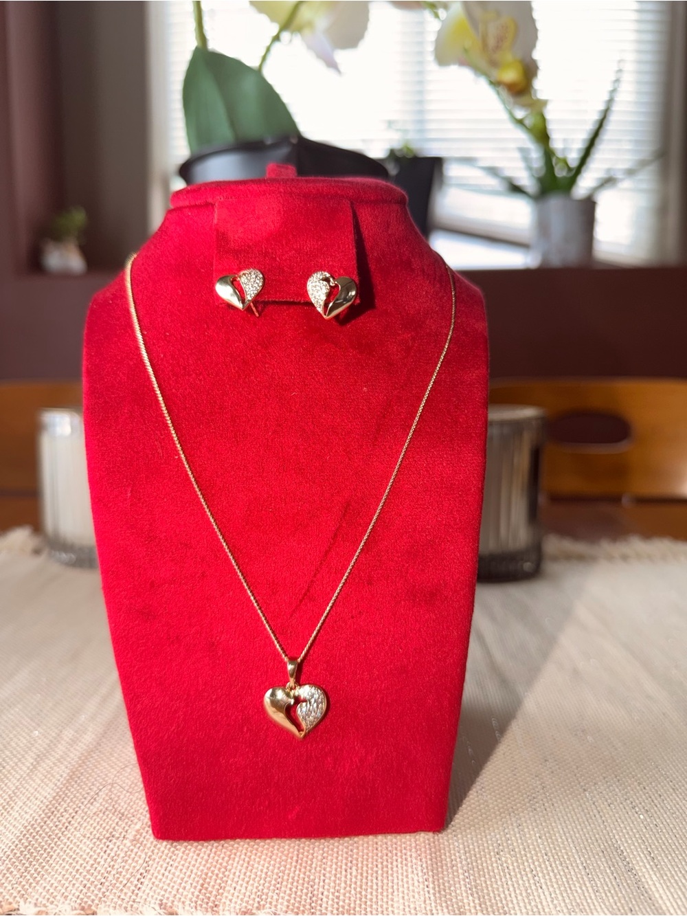 Gold Heart Pendant Necklace and Earring Set- shiny Gold Jewelry